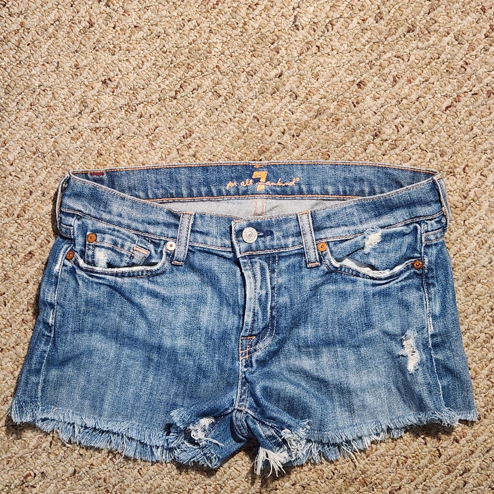7 For All Mankind Light Blue Frayed Jean Shorts